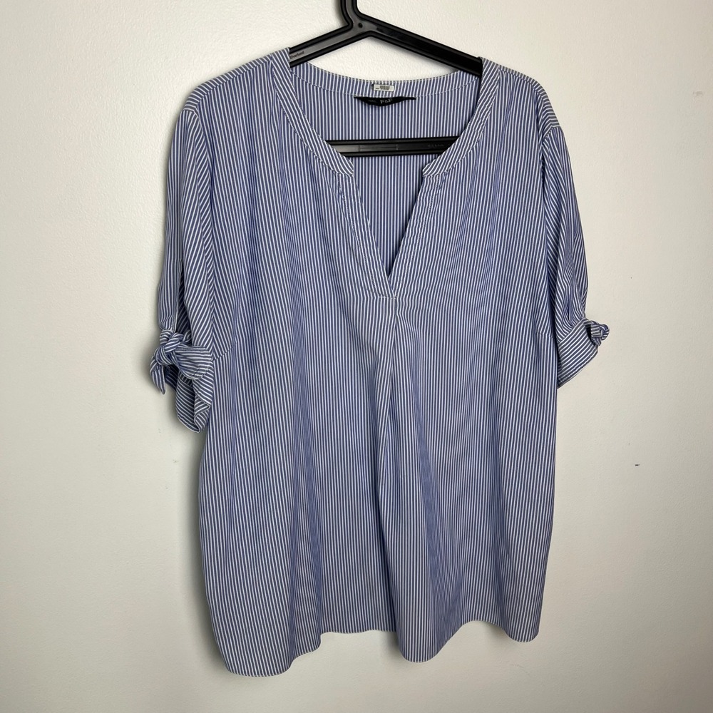 F&F Blue White Stripe Collared V Neck Roll Tab Sleeve Tunic Shirt Top Womens 18‎